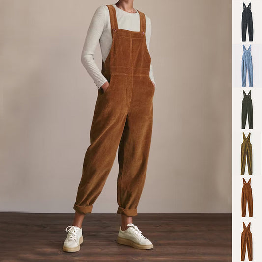 Corduroy Bib Overalls With Buttons And Pockets Fashion Casual Jumpsuit Loose Straight Pnats For Women