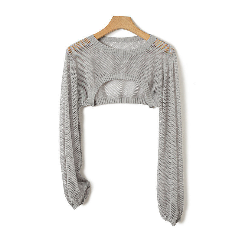 Ice Silk Lyocell Round Neck Knitted Lantern Sleeve Hollow-out Short Blouse Sun Protection Shirt Women