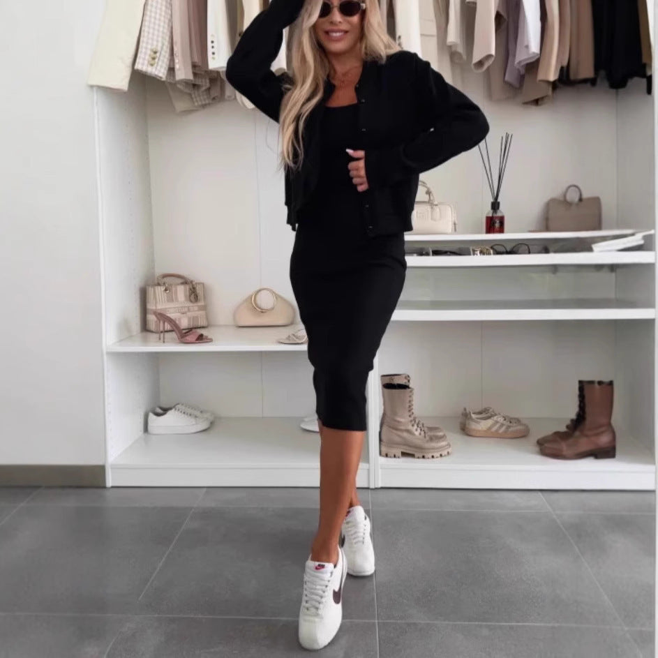 Solid Color Sling Dress Cardigan Outerwear Top Long Skirt Two-piece Set