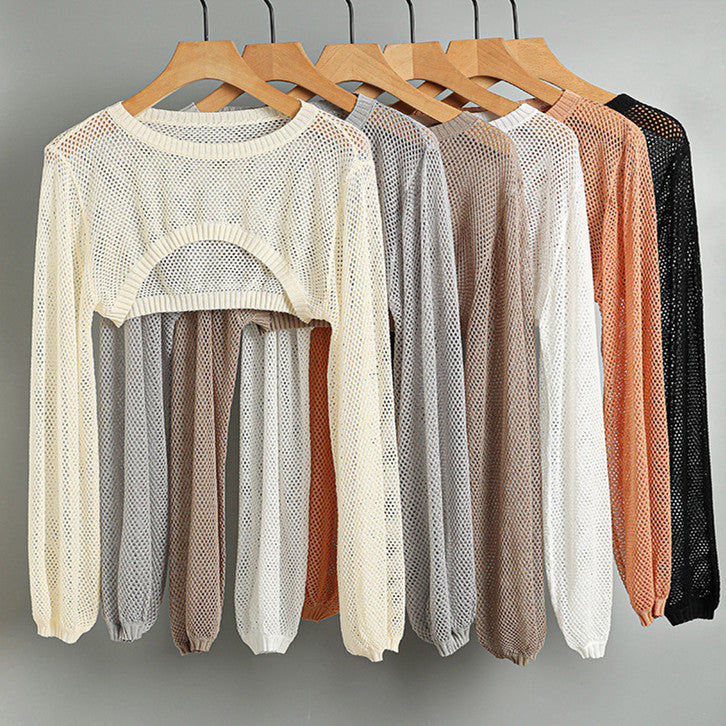 Ice Silk Lyocell Round Neck Knitted Lantern Sleeve Hollow-out Short Blouse Sun Protection Shirt Women