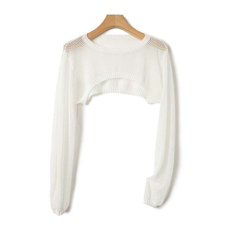 Ice Silk Lyocell Round Neck Knitted Lantern Sleeve Hollow-out Short Blouse Sun Protection Shirt Women