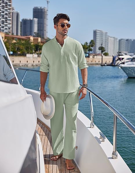 Solid Color Casual Cotton Men's Long Sleeve Trousers Suit