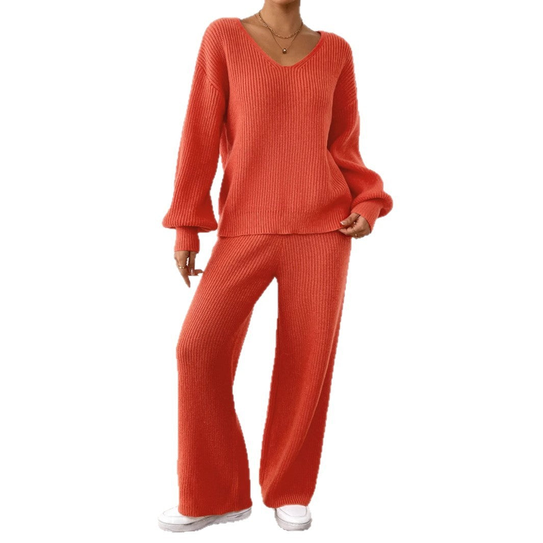 Women's Casual Suit V-neck Loose Top Solid Color Wide-leg Straight Pants