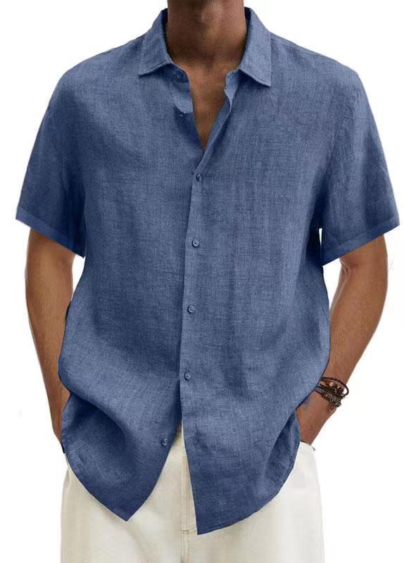 V-neck Button Cotton And Linen Solid Color Men's Trendy Shirt