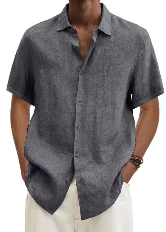 V-neck Button Cotton And Linen Solid Color Men's Trendy Shirt