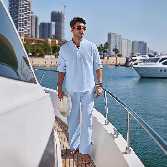 Solid Color Casual Cotton Men's Long Sleeve Trousers Suit