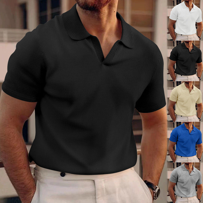 INS Waffle Lapel Short-sleeved T-shirt Summer Fashion Solid Color V-neck Polo Shirt Tops Men's Clothing