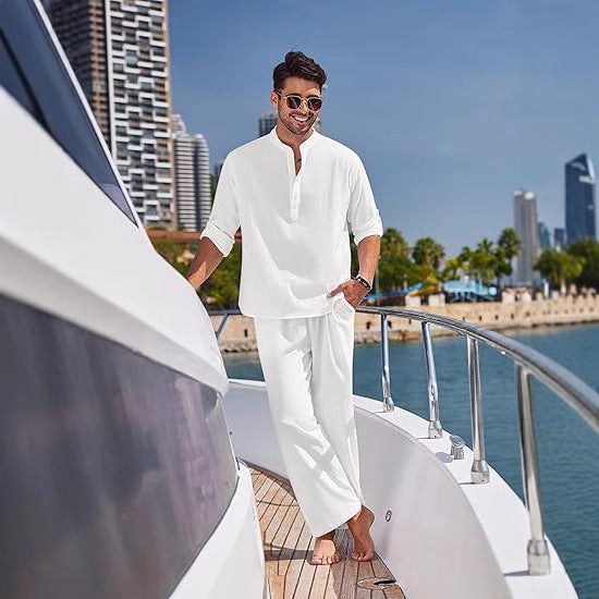 Solid Color Casual Cotton Men's Long Sleeve Trousers Suit