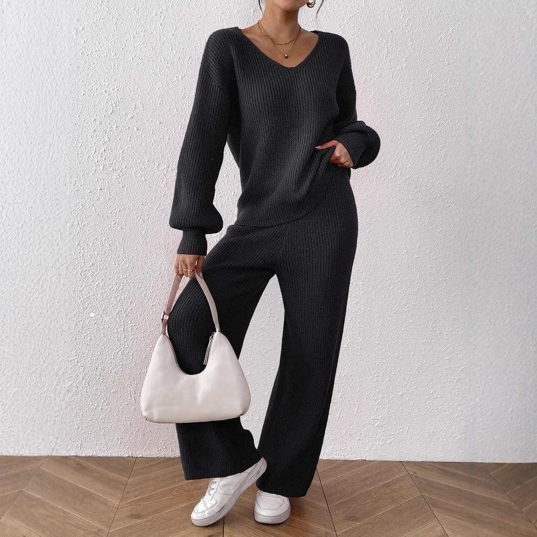 Women's Casual Suit V-neck Loose Top Solid Color Wide-leg Straight Pants