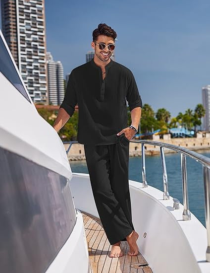 Solid Color Casual Cotton Men's Long Sleeve Trousers Suit