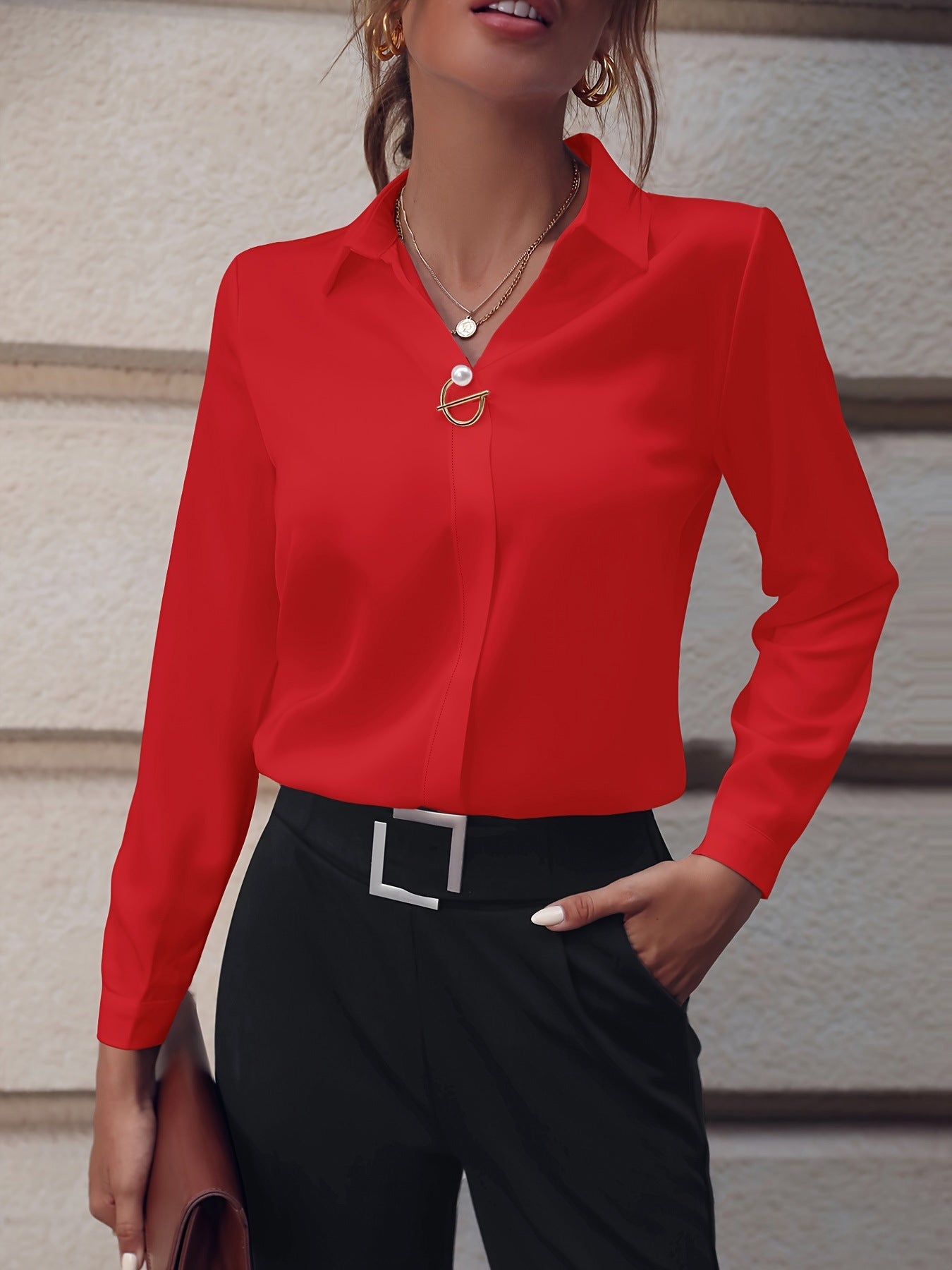 Commuter V-neck Long-sleeved Shirts Ins Fashion Solid Color Pullover Top Autumn And Spring Women's Clothing