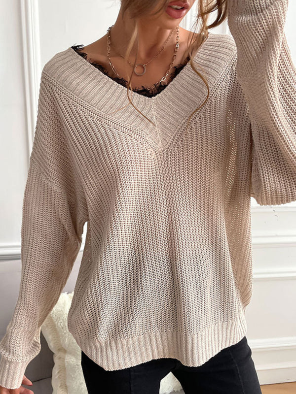 Women's patchwork lace pullover solid color knitted sweater