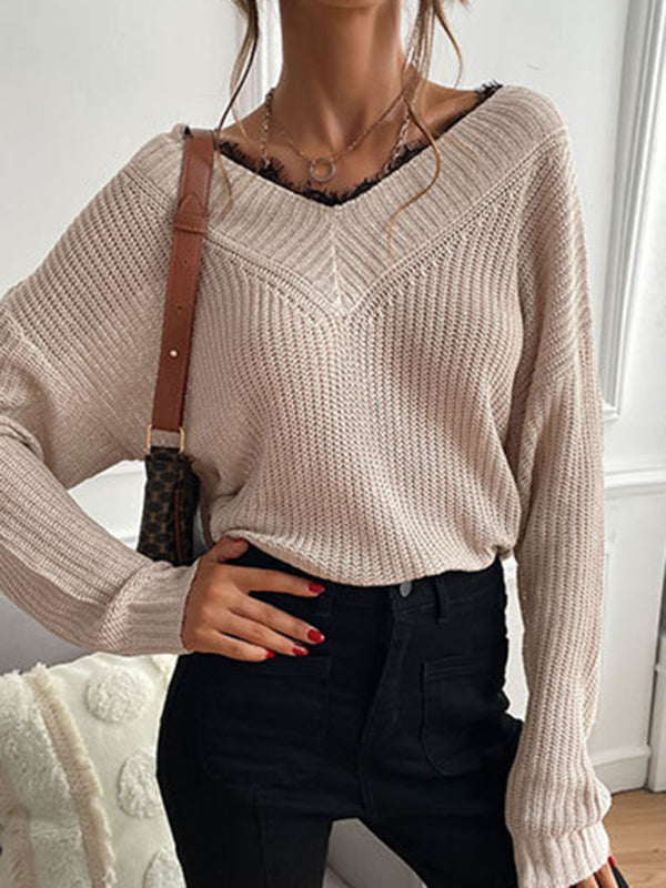 Women's patchwork lace pullover solid color knitted sweater