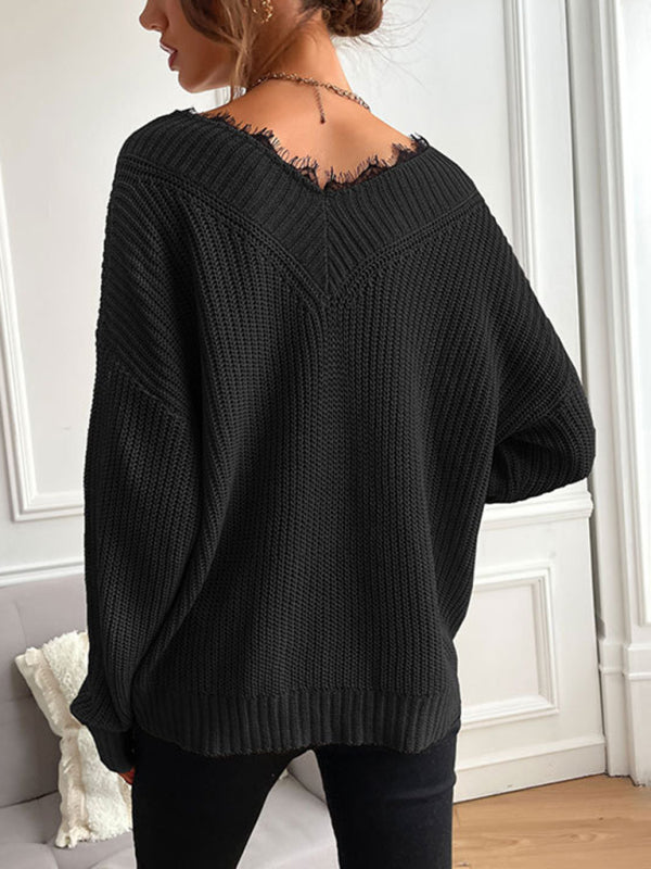Women's patchwork lace pullover solid color knitted sweater
