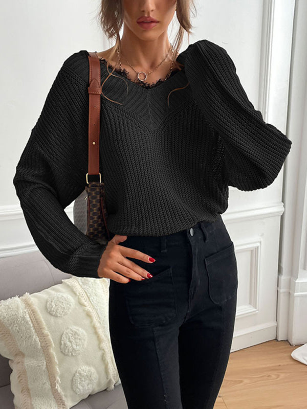 Women's patchwork lace pullover solid color knitted sweater