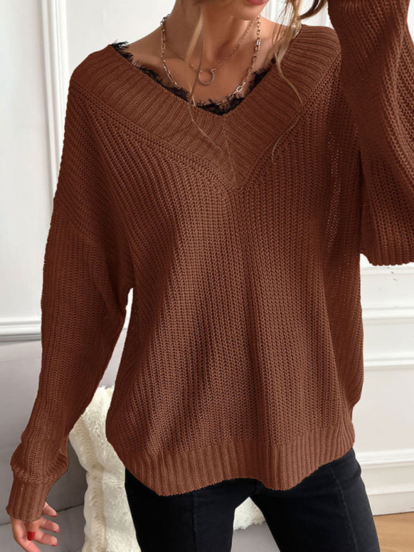 Women's patchwork lace pullover solid color knitted sweater