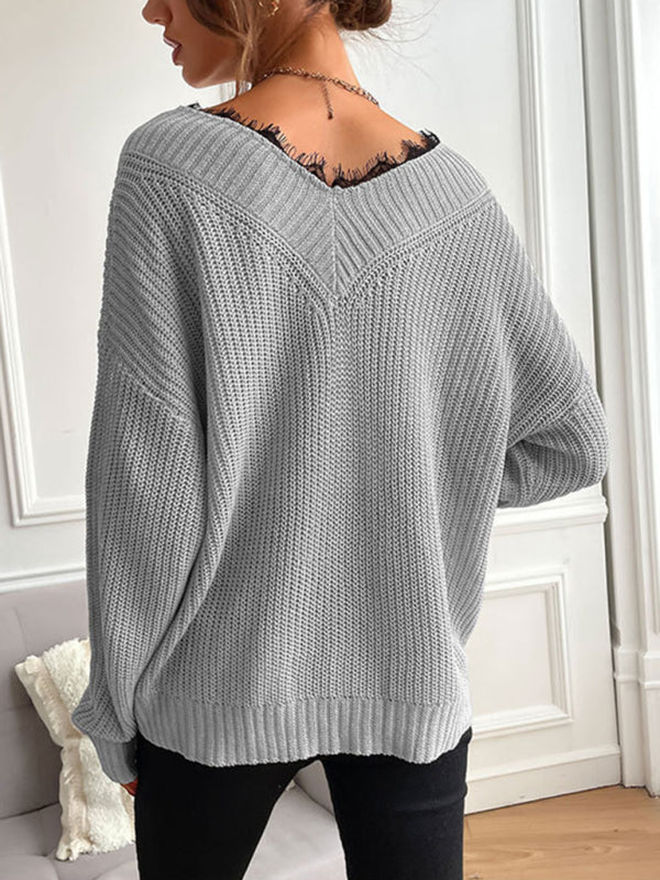Women's patchwork lace pullover solid color knitted sweater
