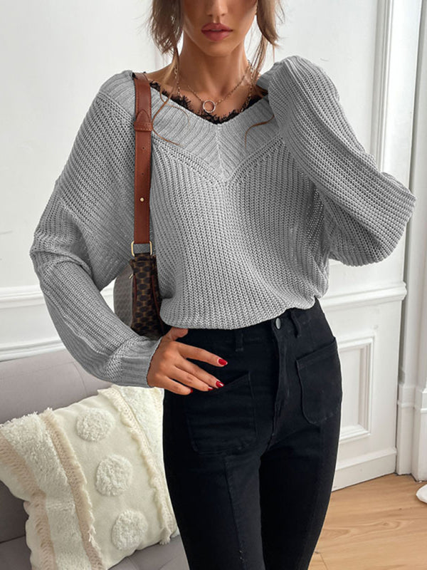Women's patchwork lace pullover solid color knitted sweater