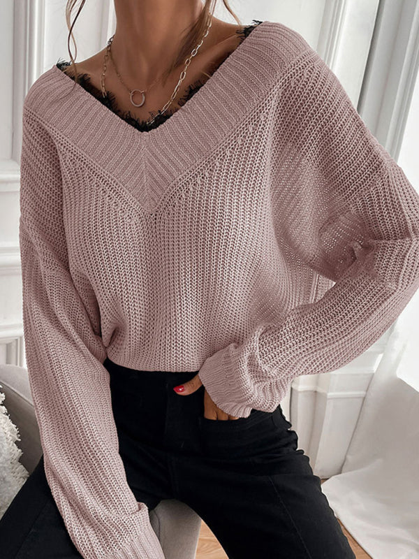 Women's patchwork lace pullover solid color knitted sweater
