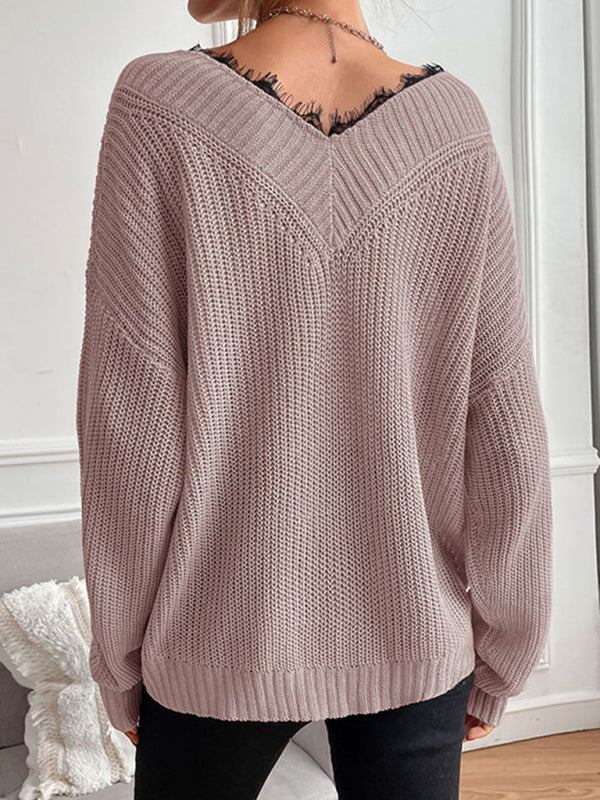 Women's patchwork lace pullover solid color knitted sweater