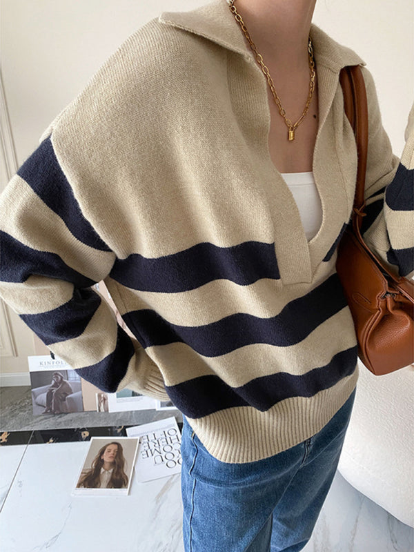 New casual polo large v-neck striped loose pullover sweater