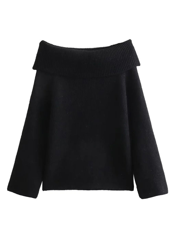 New women's one-line collar solid color knitted sweater