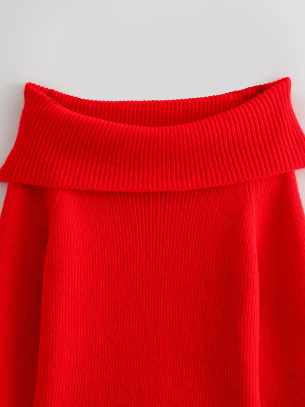 New women's one-line collar solid color knitted sweater