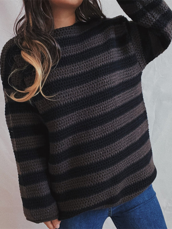 New women's loose one-line collar striped long-sleeved knitted pullover casual sweater