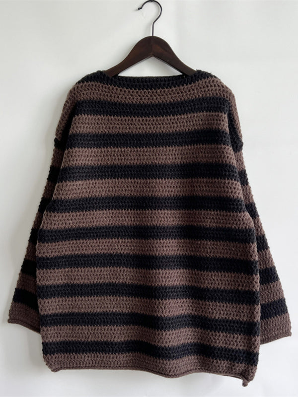 New women's loose one-line collar striped long-sleeved knitted pullover casual sweater