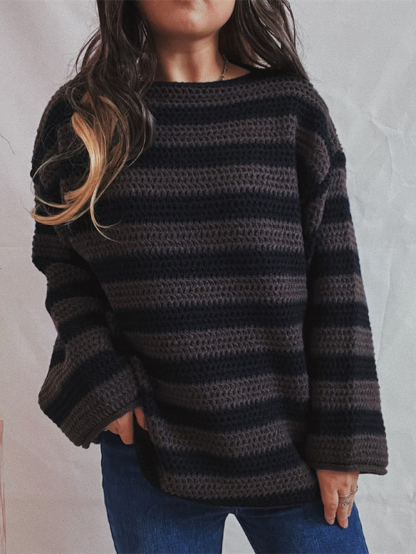 New women's loose one-line collar striped long-sleeved knitted pullover casual sweater