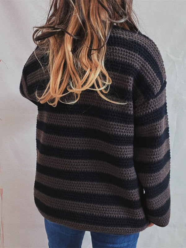 New women's loose one-line collar striped long-sleeved knitted pullover casual sweater