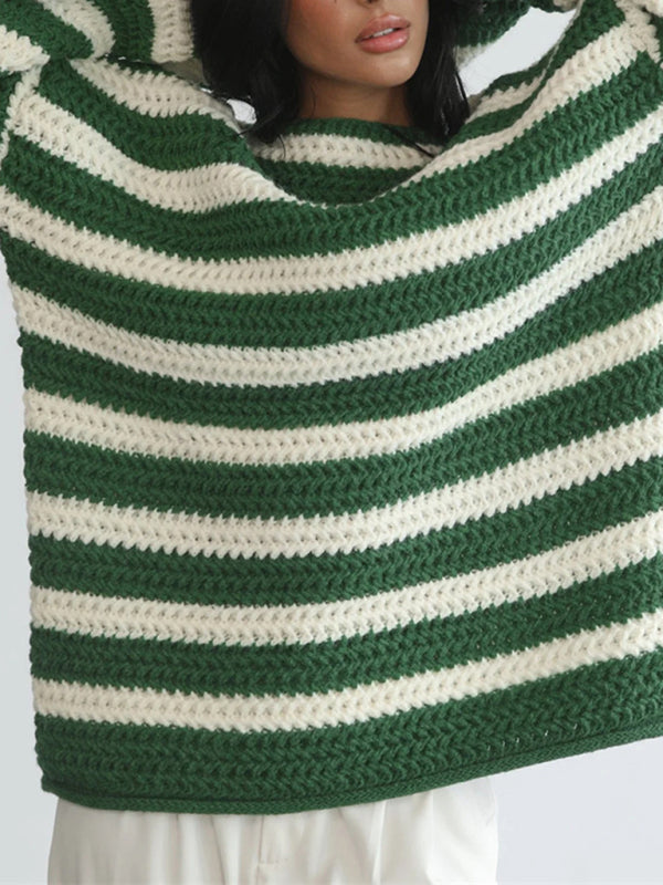 New women's loose one-line collar striped long-sleeved knitted pullover casual sweater