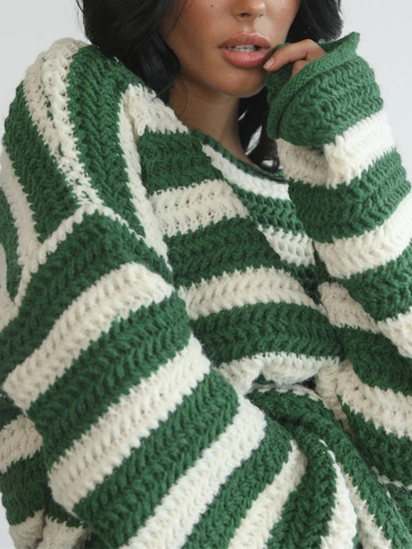 New women's loose one-line collar striped long-sleeved knitted pullover casual sweater