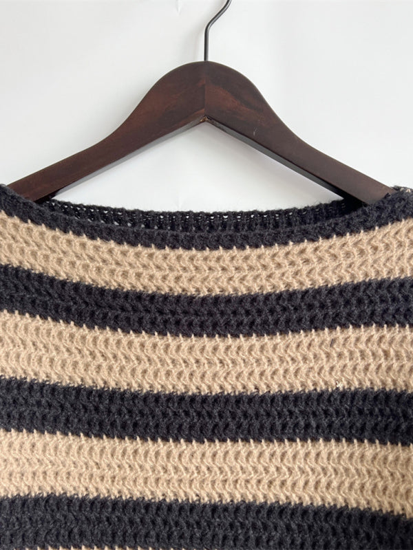 New women's loose one-line collar striped long-sleeved knitted pullover casual sweater