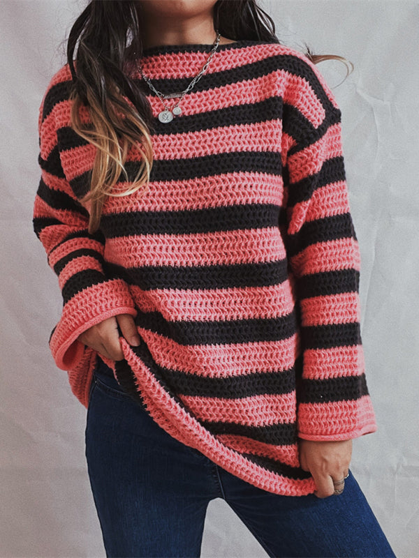 New women's loose one-line collar striped long-sleeved knitted pullover casual sweater
