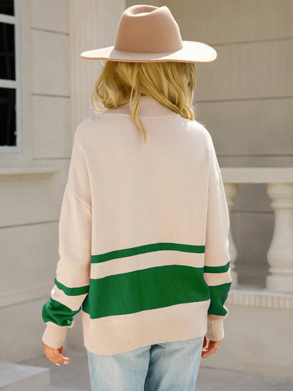 Women's striped zipper stand collar pullover sweater