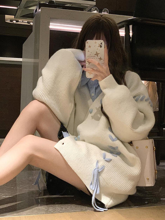 Women's contrast color strap knitted cardigan coat long sleeve sweater