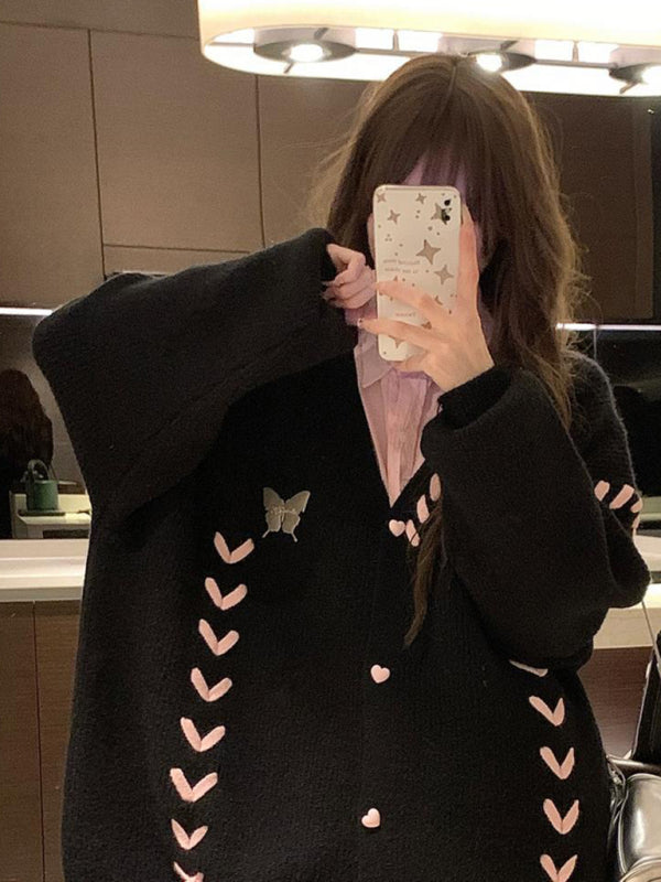 Women's contrast color strap knitted cardigan coat long sleeve sweater