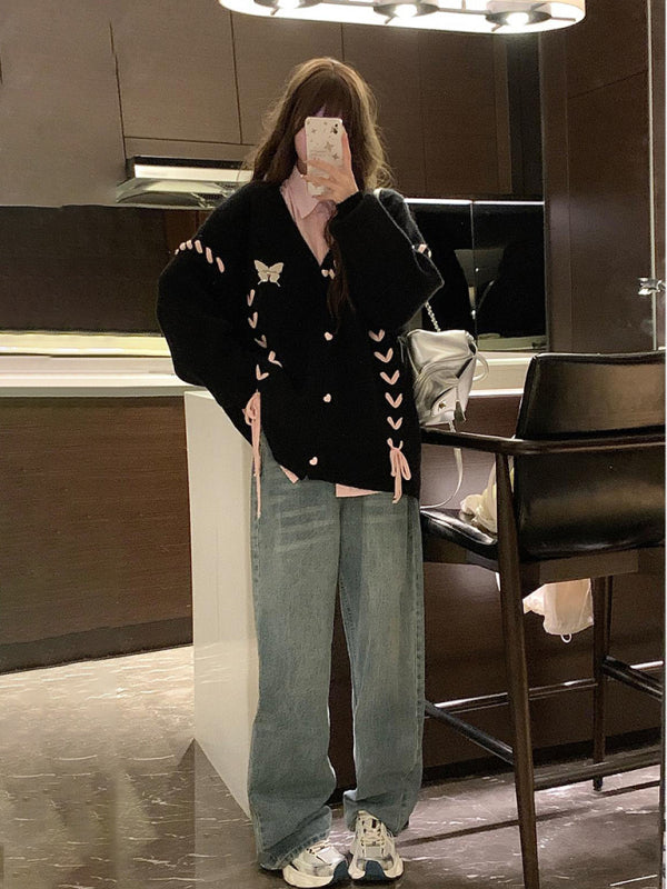 Women's contrast color strap knitted cardigan coat long sleeve sweater