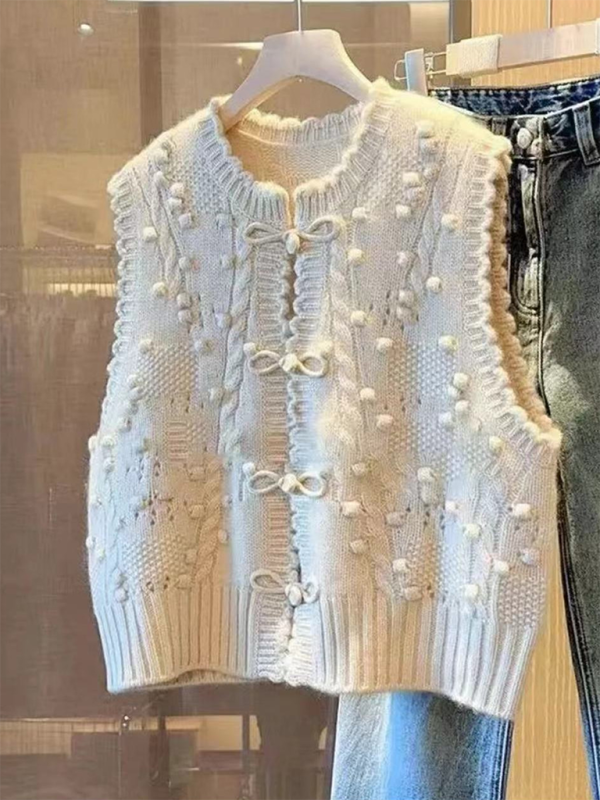 Three-dimensional buckle design lace collar knitted vest loose soft waxy layered top vest