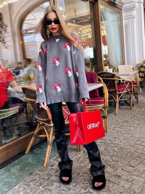 Mushroom jacquard sweater loose contrast color pullover knit sweater
