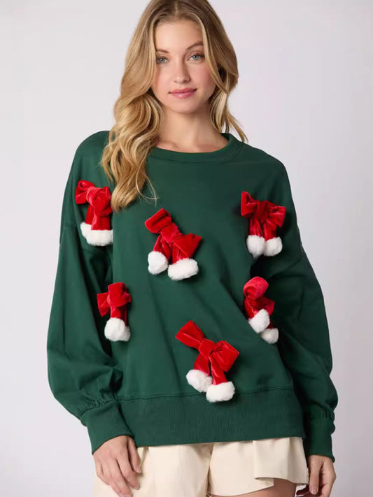 Christmas Bow Decorated Top Casual Long Sleeve Pullover Sweatshirt