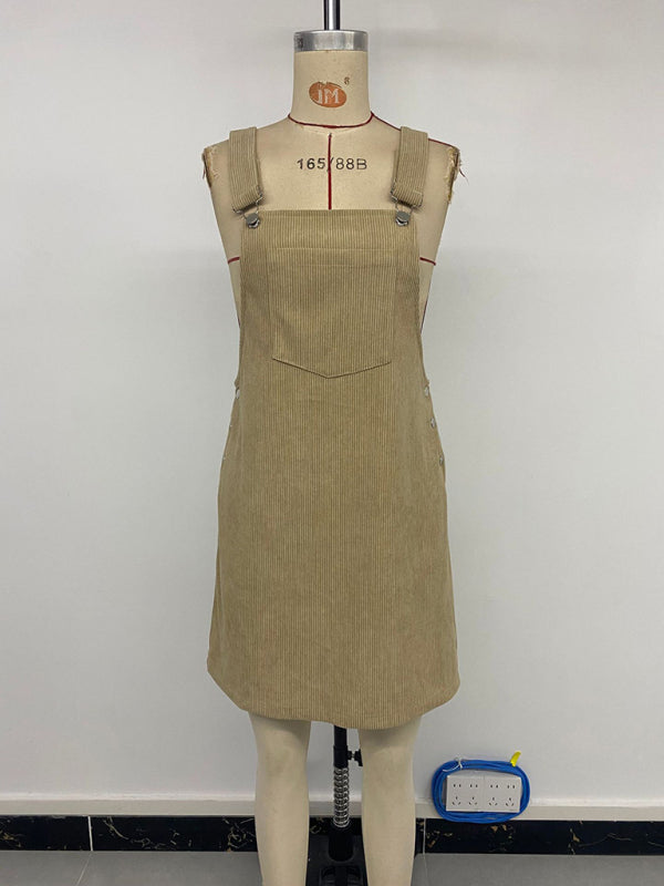 New style pocket suspender corduroy dress solid color casual suspender dress