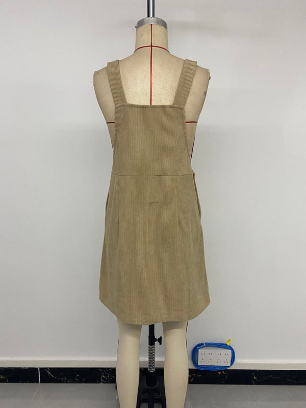 New style pocket suspender corduroy dress solid color casual suspender dress
