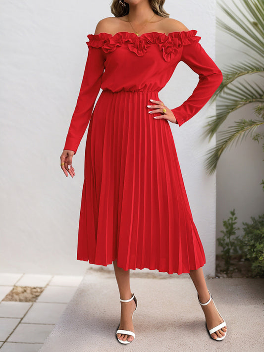 Date Party Elegant Sweet Style One Shoulder Long Sleeve Solid Color Women's Dress