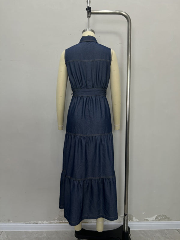 Blue sleeveless long dress with waist tie