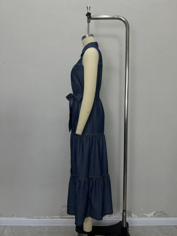 Blue sleeveless long dress with waist tie